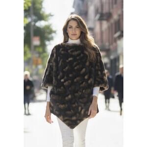 DONNA SALYERS FABULOUS FURS Faux Mink Bateau Poncho Taupe Cape OS Mob Wife Glam